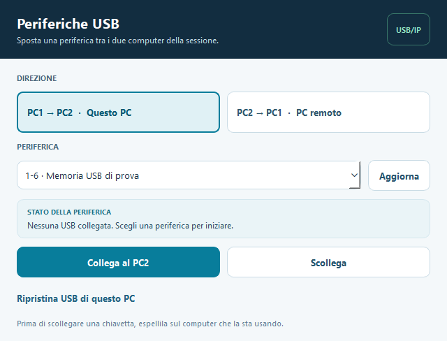 Finestra USB con scelte esplicite PC1 verso PC2 e PC2 verso PC1